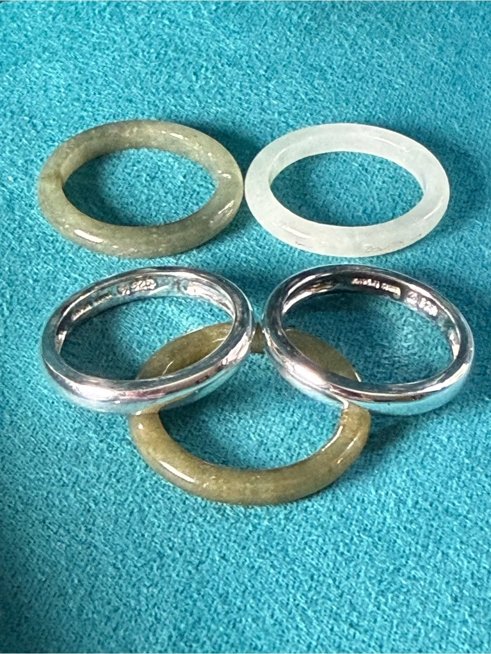 Sterling Silver 925 & Genuine Jade 5-Piece Stacking Ring Set Size 8